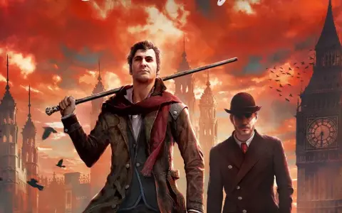 Sherlock Holmes gra w wiktoriańskim Londynie, z Big Benem i krukami na tle czerwonego nieba.