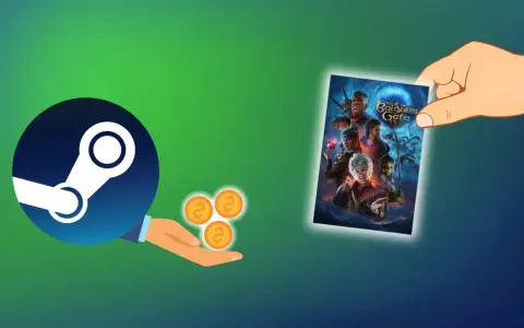 Ręka trzyma kartę z grą Baldur's Gate. Obok logo Steam i monety. Jak usunąć grę z biblioteki Steam?