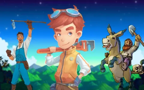 Trzech bohaterów z narzędziami, idealnych do gier podobnych do Stardew Valley. Jeden z motyką, drugi z kluczem, a trzeci na wesołym osiołku z łopatą.