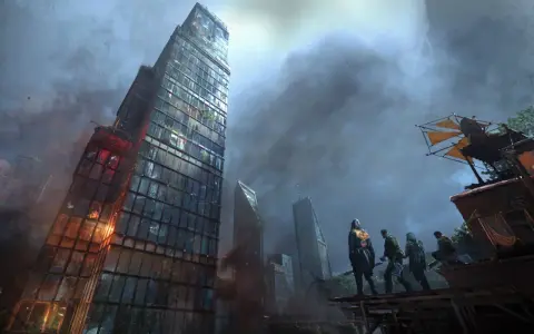 Grupa ocalałych na dachu obserwuje zniszczone miasto. To może być kluczowy moment w grze Dying Light 2 poradnik.