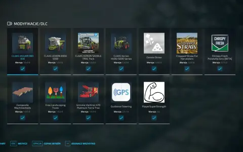 Menu modyfikacje/DLC do FS22: kombajny Claas, maszyny do słomy, narzędzia i inne mody.