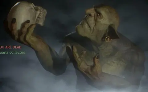 Potwór z gry Styx trzyma czaszkę. "YOU ARE DEAD. Quartz collected" - komunikat z gry.