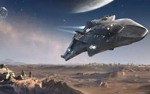 Statek kosmiczny nad obcą planetą, gdzie dwaj astronauci obserwują bazę. Scena jak z najlepszych **grach o kosmosie**.