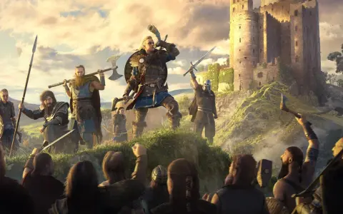 Wikingowie z Assassin's Creed Valhalla szykują się do ataku na zamek. Eivor gra na rogu, a jego wojownicy podnoszą broń.