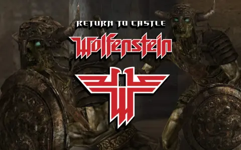 Powrót do zamku Wolfenstein: spolszczenie. Dwa przerażające, zbrojne szkielety z zielonymi oczami, gotowe do walki.