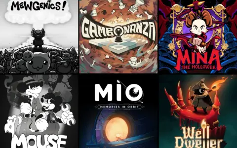 Kolaż okładek gier: Mewgenics, Gambonanza, Mina the Hollower, Mouse, Mio: Memories in Orbit, Well Dweller. Różnorodne gry indie.