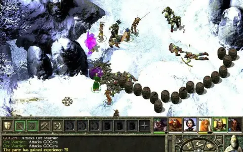 Bitwa w **Icewind Dale 2** na mroźnym pustkowiu. Bohaterowie walczą z orkami, a beczki tworzą strategiczną linię.