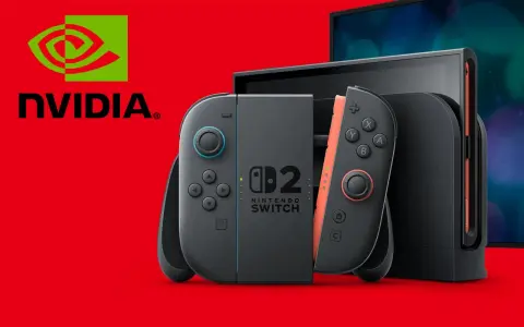 Nintendo Switch z kontrolerami, logo NVIDIA i ekranem. Technologia dynamiczne skalowanie rozdzielczości zapewnia płynną rozgrywkę.