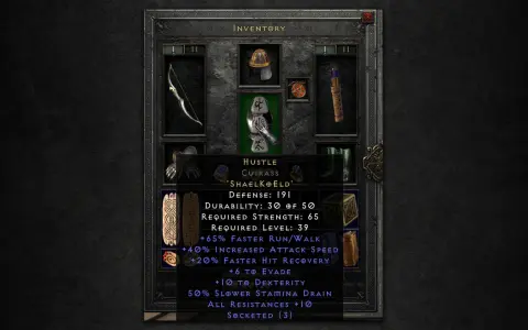 Zbroja "Hustle" z runami w Diablo 2. Szybkość, zwinność i odporność dla bohatera.
