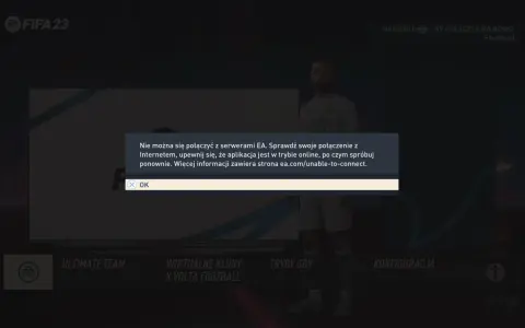 Komunikat o błędzie połączenia z serwerami FIFA 23. Nie można grać online.