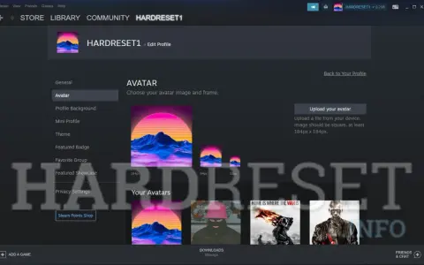 Profilowe na Steam. Wybór awatara z górzystym krajobrazem i neonowym zachodem słońca.