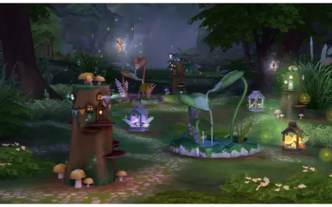Magiczny las z The Sims 4, pełen fantastycznych roślin, grzybów i wróżek.