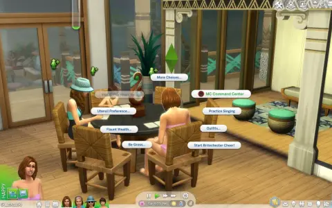 Simki w The Sims 4, korzystające z modów 18+, dyskutują przy stole. Widoczne opcje to "MC Command Center", "Practice Singing" i "Outfits...".