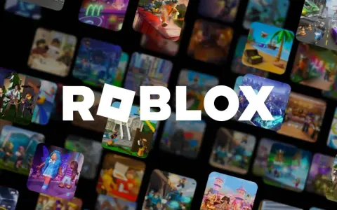 Logo Roblox otoczone mozaiką z miniaturkami fajne gry na roblox. Widać różne światy i postacie.