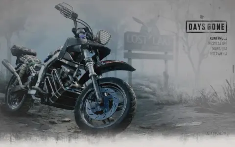 Motocykl z gry Days Gone, gotowy do drogi. Menu gry oferuje opcje kontynuuj, wczytaj grę, nowa gra i ustawienia. To świetny poradnik dla graczy.
