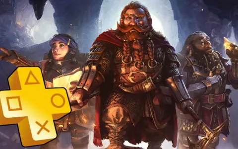 Trzech krasnoludów w zbrojach, z brodami i w jaskini. Obok żółte logo PlayStation Plus, zapowiadające gry na marzec.