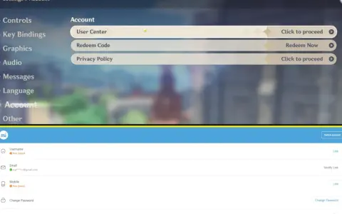 Ustawienia konta w Genshin Impact, opcje takie jak User Center, Redeem Code. Możliwość gry na Xbox.