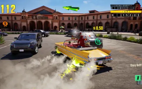 Żółta taksówka wykonuje szalony drift, zostawiając za sobą dym i zielone płomienie. Gra w stylu crazy taxi.