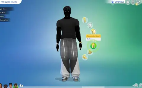 Tworzenie postaci w grze The Sims 4. Używam kod na modyfikacje sima, by dopasować ubranie.
