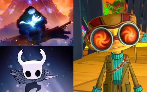 Kolaż z gier platformowych Xbox: Ori, Hollow Knight i Raz z Psychonauts.