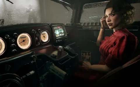 Kobieta w czerwonej sukience siedzi w retro samochodzie. Deska rozdzielcza pełna wskaźników. Nikt nie chce umrzeć, zwłaszcza w tak stylowym pojeździe.