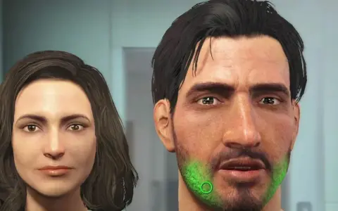 Tworzenie postaci do Fallout 5: kobieta i mężczyzna z zielonym akcentem na brodzie.