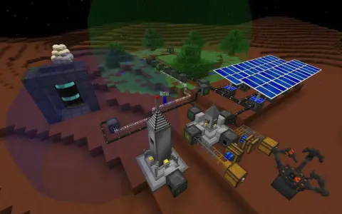 Baza na Marsie z panelami słonecznymi i robotem. To przykład najlepszych modów do Minecraft, które pozwalają na budowanie zaawansowanych instalacji.