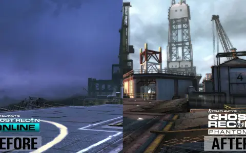 Porównanie grafiki z gry Tom Clancy's Ghost Recon Phantoms: lewa strona "przed" - ciemna, prawa "po" - jaśniejsza, z lepszymi detalami.