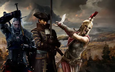 Geralt, pirat i Spartanina, bohaterowie gier podobnych do Wiedźmina 3, gotowi do walki na tle malowniczego krajobrazu.