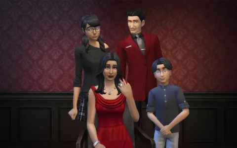 Rodzina z gry The Sims 4, w tym bella ćwir, pozuje do portretu.