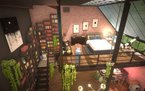 Wnętrze dwupoziomowego mieszkania w grze podobnej do The Sims. Dziewczyna stoi na antresoli, obok łóżka i biurka.