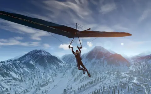 Gracz szybuje na lotni nad ośnieżonymi górami, podziwiając krajobraz w grze Ring of Elysium.