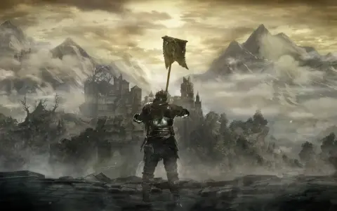 Rycerz z chorągwią na tle mglistych gór i zamku. Wskazówki do gry Dark Souls.