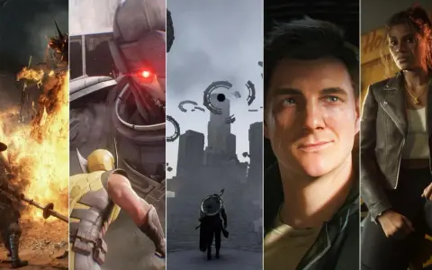 Kolekcja najlepszych gier akcji: wojownik w ogniu, Wolverine kontra robot, tajemnicza postać przed wieżą, mężczyzna i kobieta w miejskim klimacie.