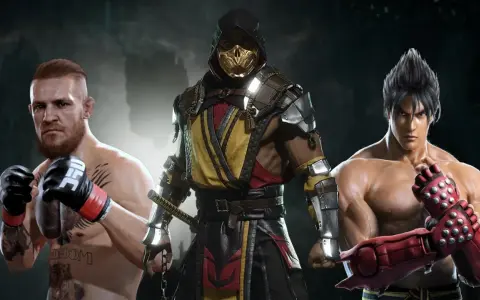 Trzech wojowników: Conor McGregor, Scorpion z Mortal Kombat i Jin Kazama z Tekkena, gotowi do walki w grach podobnych do Mortal Kombat.