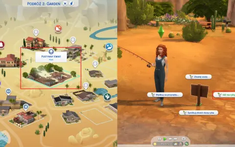 Mapa gry The Sims 4 z zaznaczonym parkiem "Pustynny Kwiat". Obok postać z wędką, gotowa na łowienie ryb.
