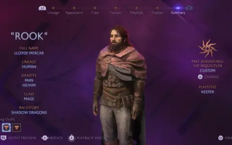 Postać "Rook" w grze Dragon Age 4. Lloyde Mercar, człowiek, mag z przeszłością "Shadow Dragons".