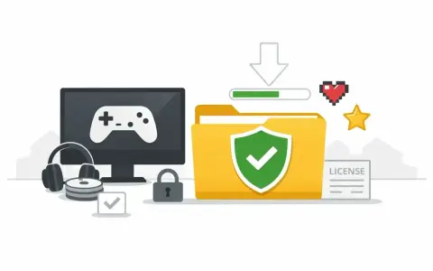 Bezpieczne pobieranie darmowych gier na PC. Monitor z padem, słuchawki, dyski, folder z licencją i zieloną tarczą.