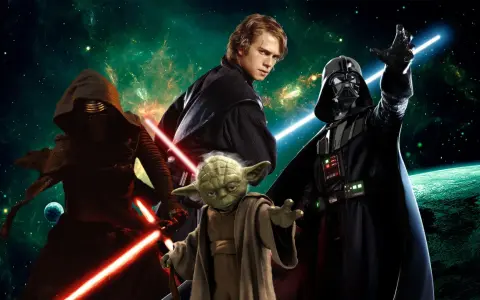 Kylo Ren, Anakin Skywalker, Yoda i Darth Vader z mieczami świetlnymi. Bohaterowie z gier Star Wars gotowi do walki.