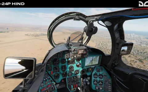 Widok z kokpitu Mi-24P Hind w DCS World Steam Edition. Lądujemy w pobliżu miasta nad pustynią.
