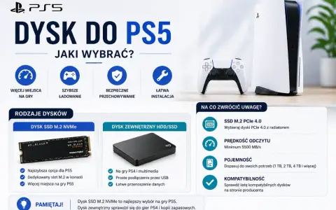Poradnik wyboru dysku do PS5: SSD M.2 NVMe dla najlepszych wrażeń z gier lub dysk zewnętrzny na starsze tytuły i kopie zapasowe.