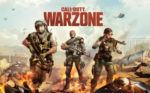 Trzech żołnierzy Call of Duty Warzone na tle płonących ruin i helikopterów. Gra waży ok. 100 GB.