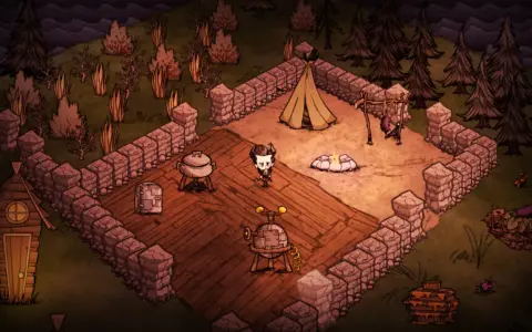 Postać w stylu gry survivalowej, otoczona kamiennym murem, z namiotem i ogniskiem. Idealne dla fanów gier podobnych do Don't Starve.
