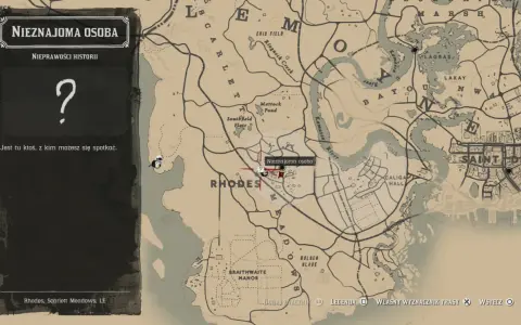 Mapa RDR2 z zaznaczoną lokacją "Nieznajoma osoba" w Rhodes. Rozpocznij nowe rdr2 misje, by odkryć tajemnicę.