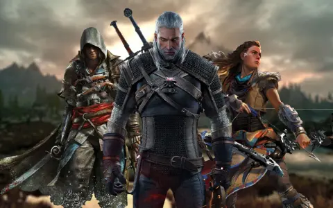 Trzech bohaterów gier: asasyn, wiedźmin i łuczniczka, idealni dla fanów gier podobnych do Assassin's Creed.