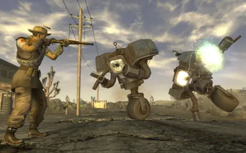 Postapokaliptyczny pustynny krajobraz, gdzie gracz w stylu gry podobnej do Fallout walczy z robotami.