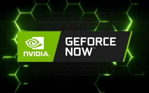 Logo NVIDIA i napis GeForce NOW na tle zielonych, świecących heksagonów.