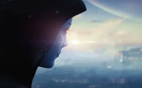 Asari spogląda na wschód słońca nad mglistym miastem, zapowiadając nowe przygody w Mass Effect 5.