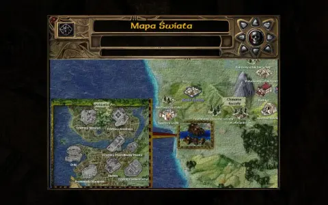 Mapa świata z gry Baldur's Gate: Siege of Dragonspear. Widoczne lokacje: Athkatla, Nashkel, Twierdza Gnolli.