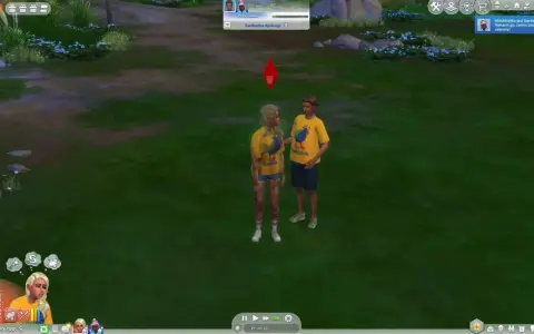 Para młoda w żółtych koszulkach z kurczakiem, w grze The Sims historie z życia wzięte.